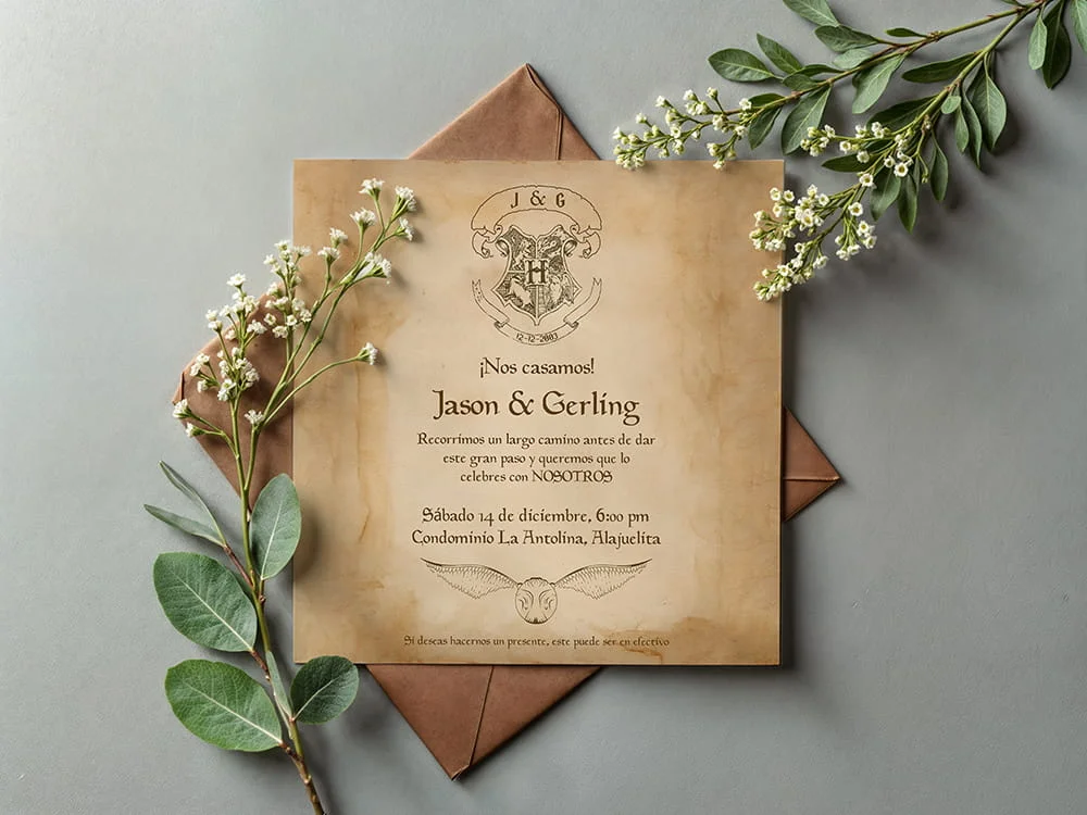 Presentación de la invitación de boda con su sobre y decoración floral